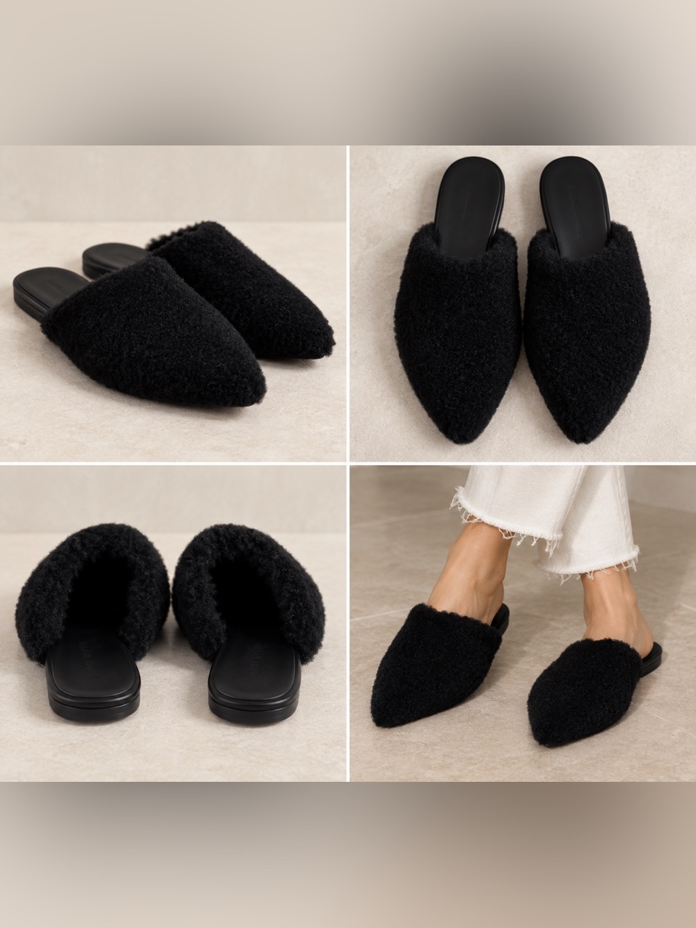 Jenni Kayne Black Shearling Fuzzy Pointed-Toe Mules